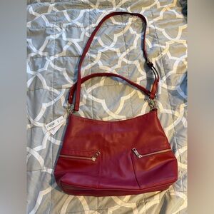 Red Leather Shoulder Bag with Zip Pockets